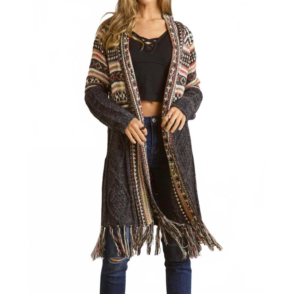NEW ADORA maya fringe hem aztec cardigan in black